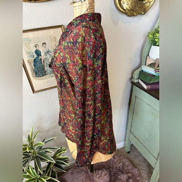 Free People Easy Rider Blue Green Red Rose Floral Sheer Button Up Blouse Sz M - Picture 7 of 12
